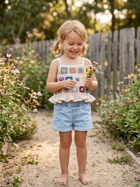 SHEIN Toddler Girls Crochet Ruffle Tank & Denim Shorts Set Size 2T 3T Colorful